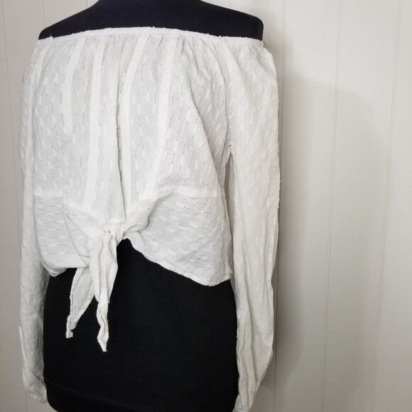 No Comment Top Women's XL White Front Tie Boho Off Shoulder - Picture 2 of 9